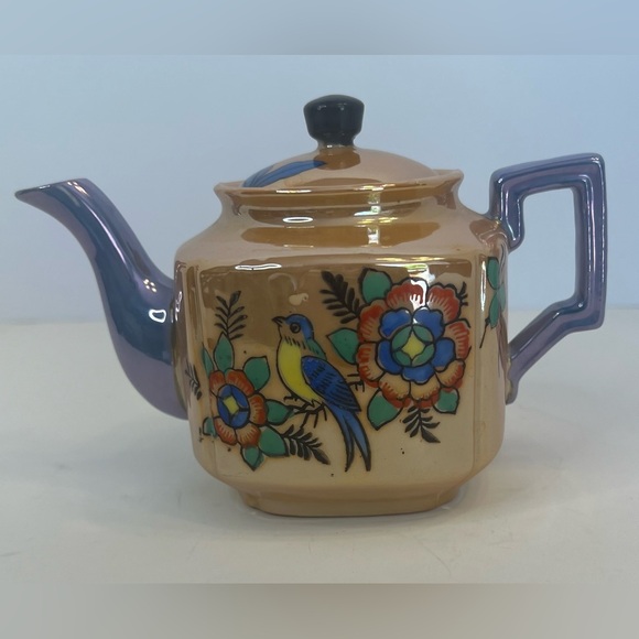 Vintage Lusterware tea pot Bird on Branch Floral Orange and Blue decor c. 1950s - Picture 1 of 11